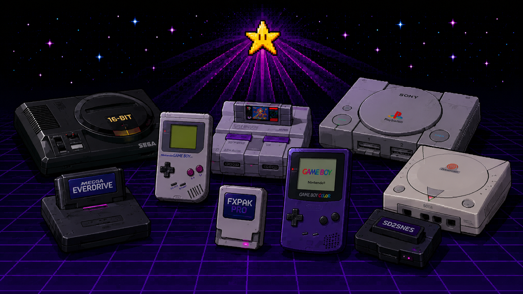 Pixel art lineup of classic consoles, flash carts, ODEs, Game Boy handhelds, PlayStation, Dreamcast, SNES, Genesis, and retro storage adapters